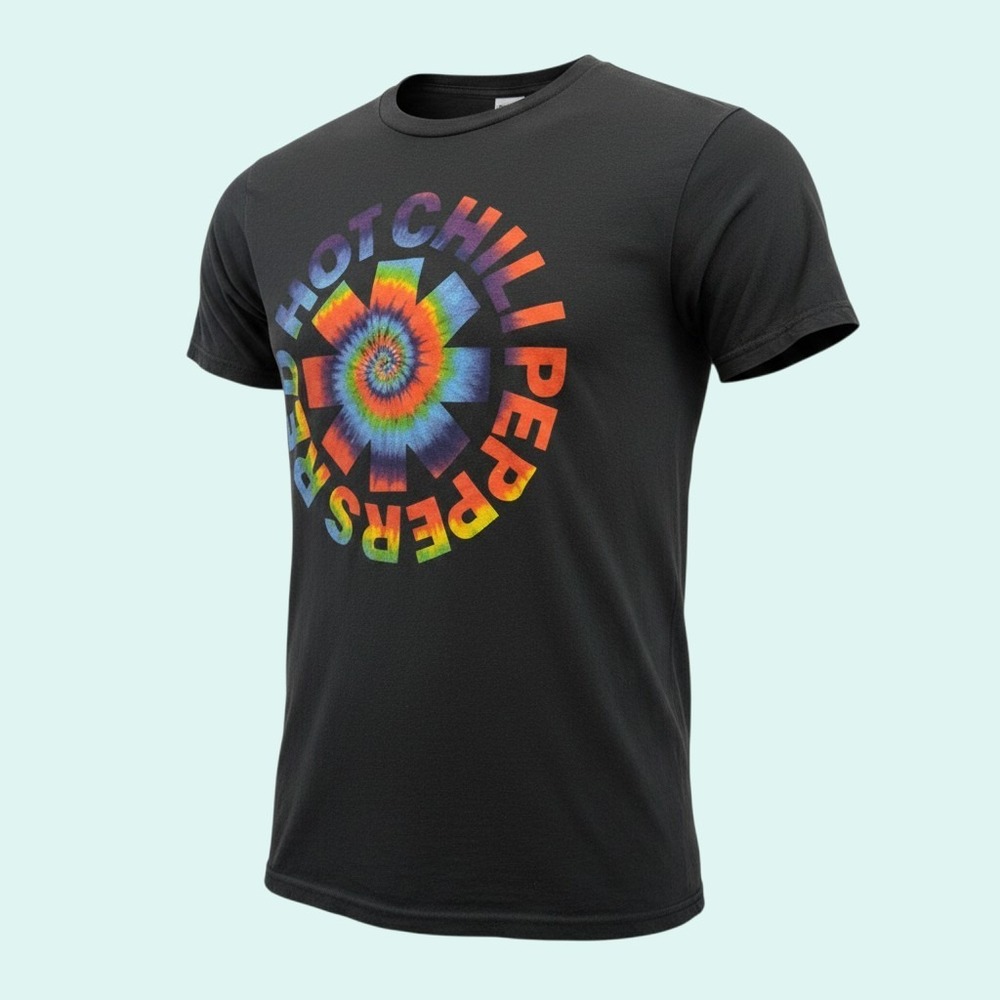 Red Hot Chili Peppers RHCP Tie-Dye Asterisk Logo Black Band T-Shirt Men's Tee